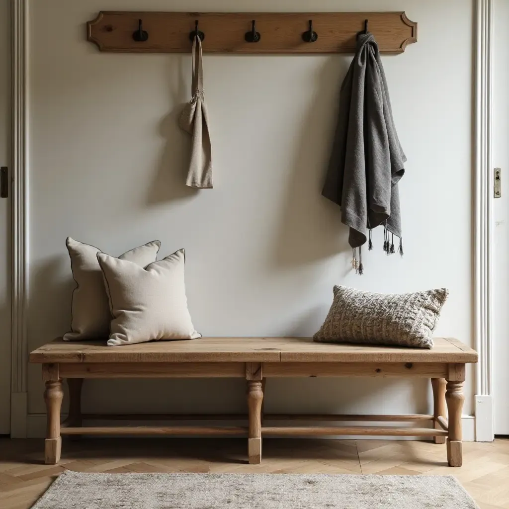 a photo of a stylish bench with a reclaimed wood finish in a rustic hall