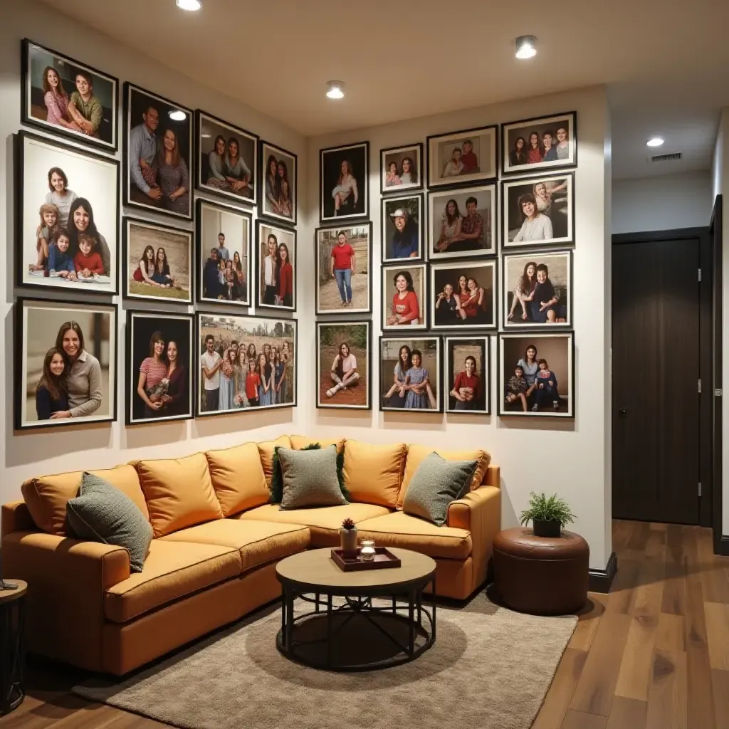 a photo of a basement featuring a colorful gallery wall of family photos