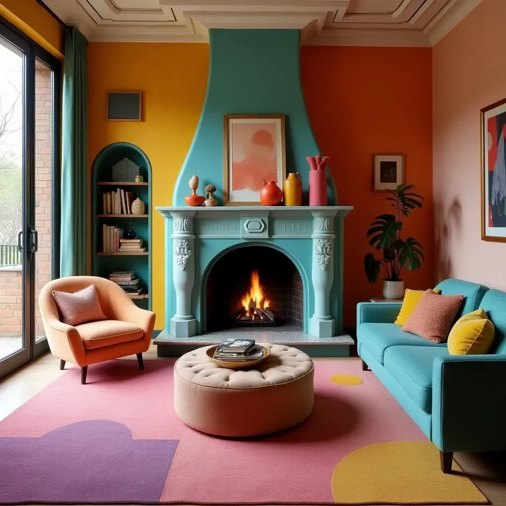 a photo of a colorful living room featuring a sectional and a whimsical fireplace