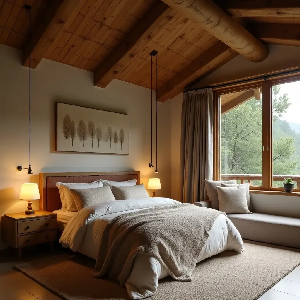 a photo of a rustic-themed bedroom with a wooden ceiling and cozy atmosphere