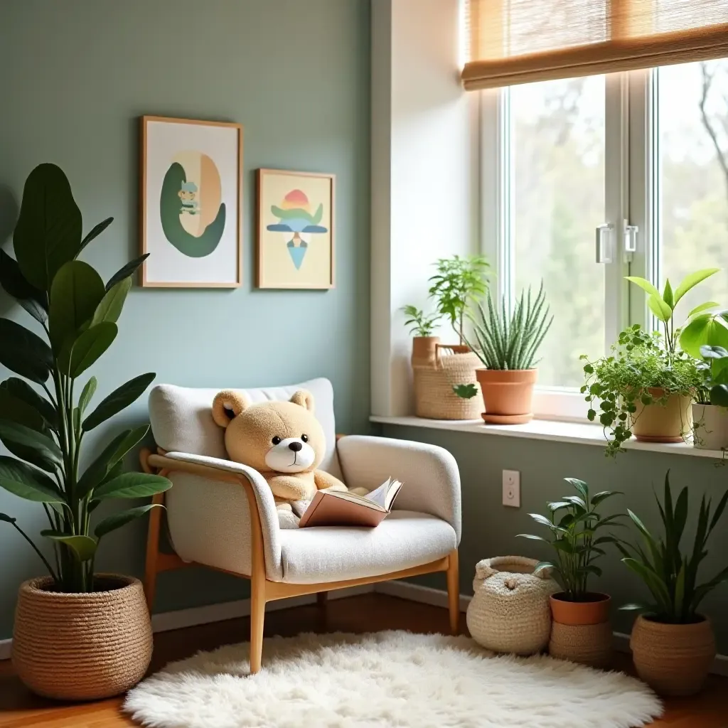 a photo of a nursery with a cozy reading nook surrounded by plants