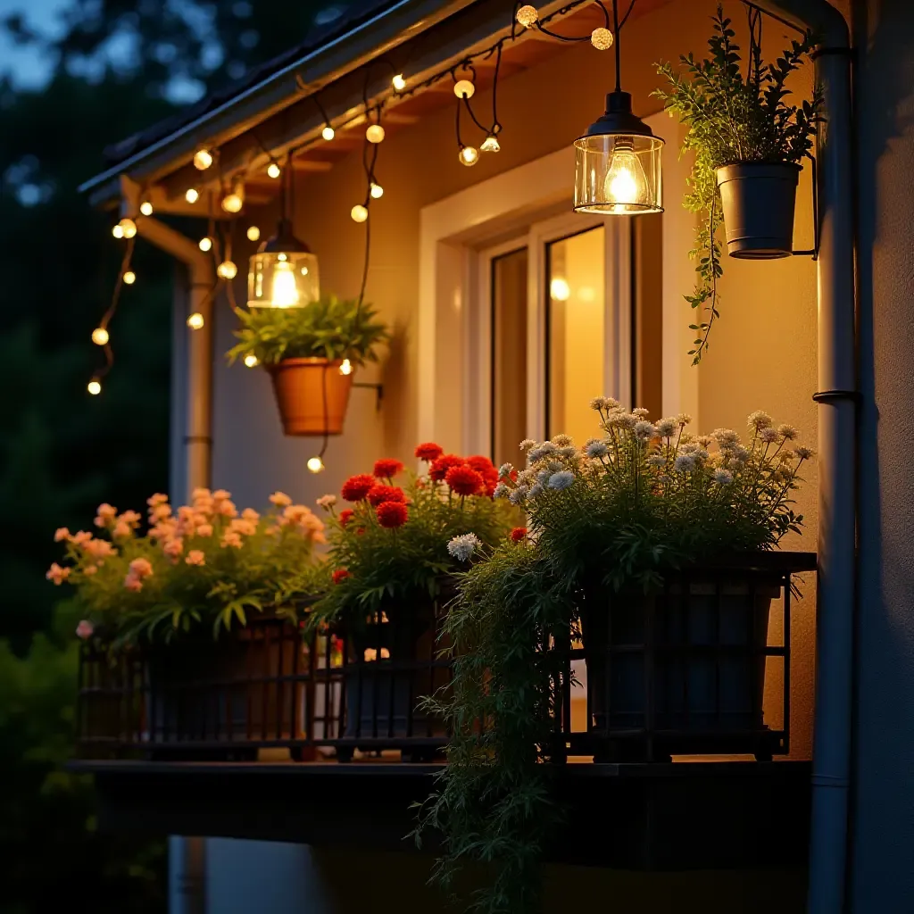 a photo of a balcony adorned with colorful hanging plants and fairy lights