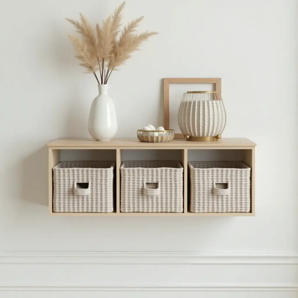 a photo of a stylish floating shelf with decorative bins