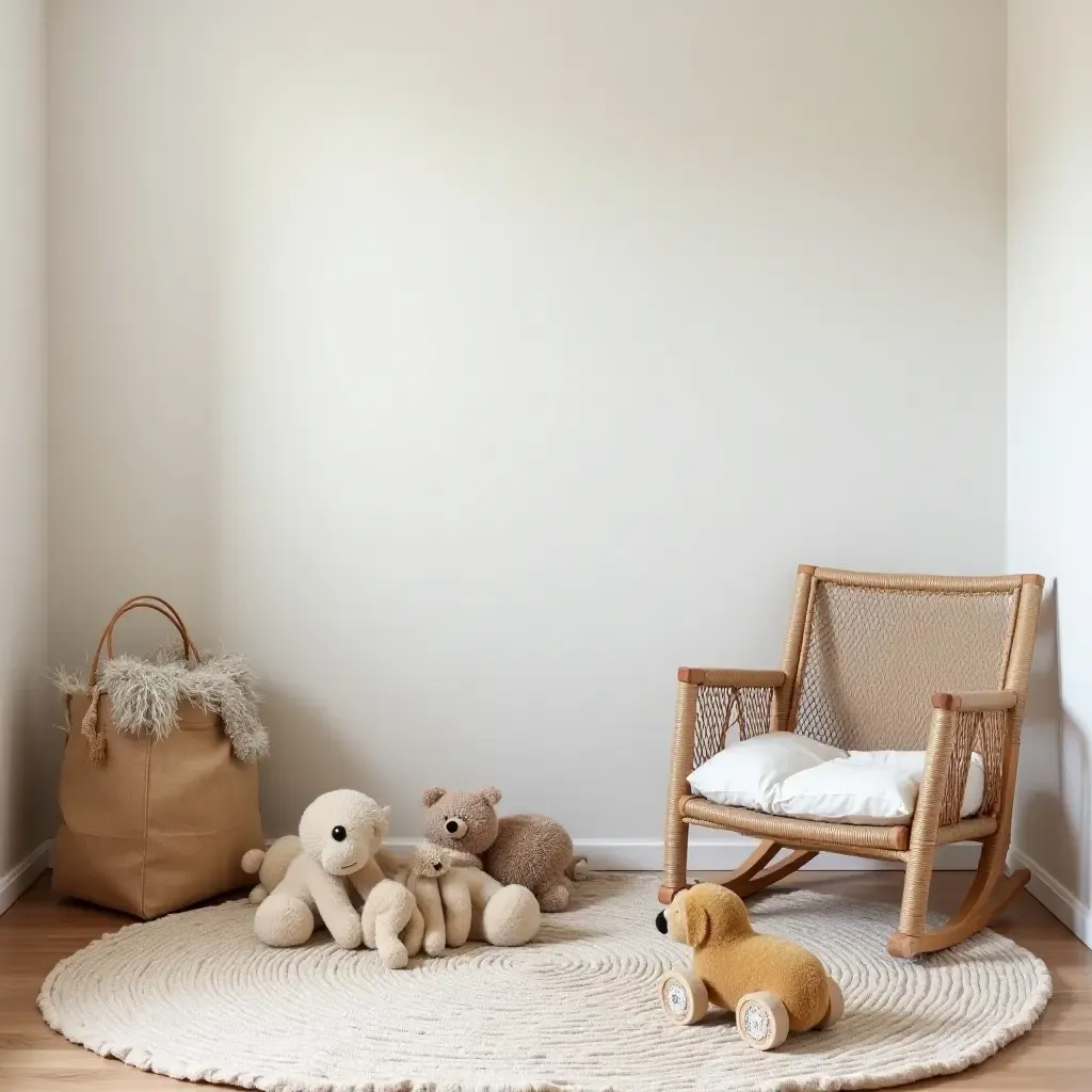 a photo of a nursery with a handwoven rug and vintage Mediterranean toys