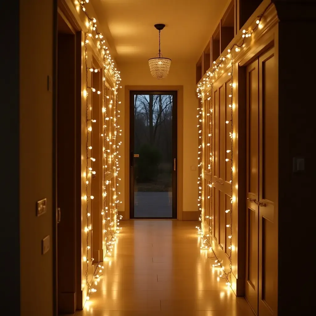 a photo of a cozy corridor with fairy lights and creative storage ideas