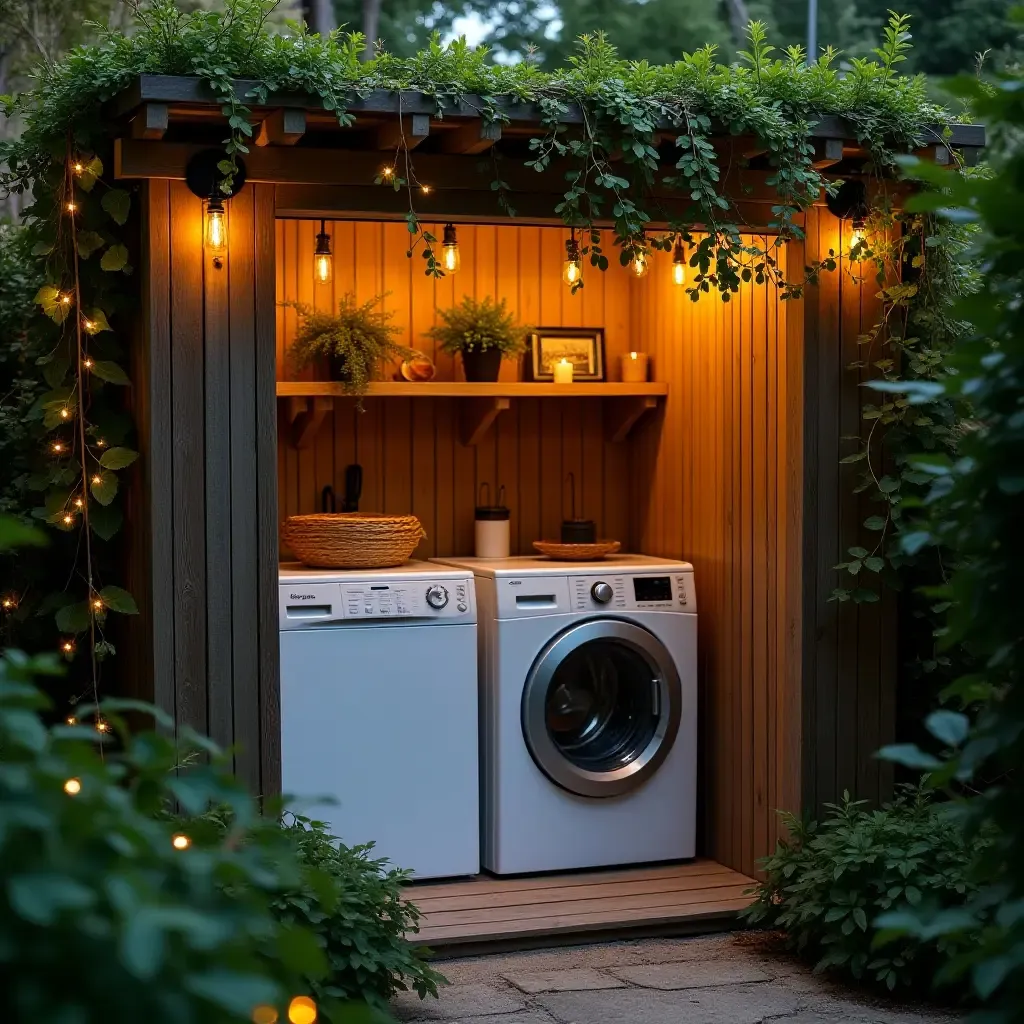 a photo of a cozy outdoor laundry nook surrounded by lush greenery and fairy lights