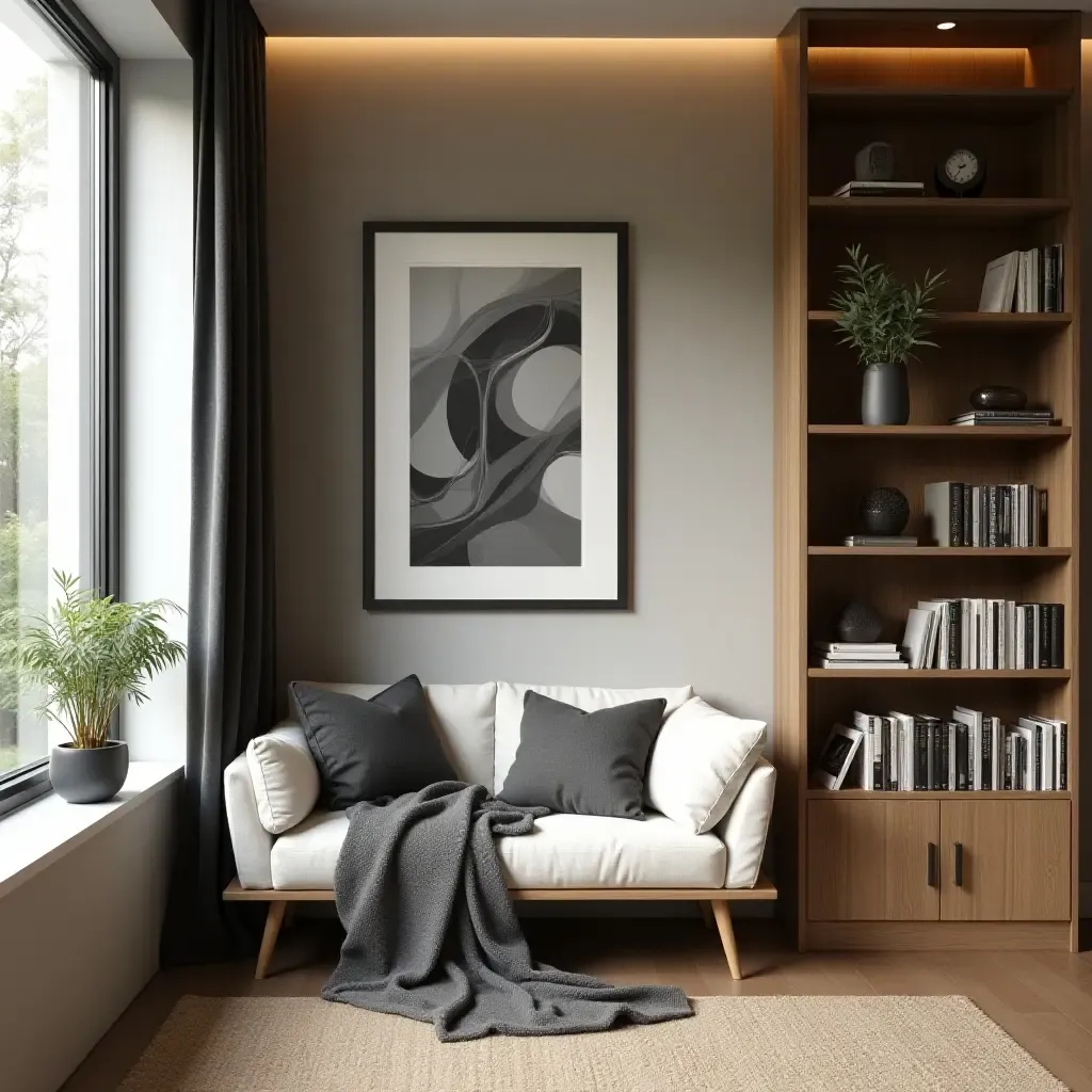 a photo of a reading nook with a stylish bookshelf and art display