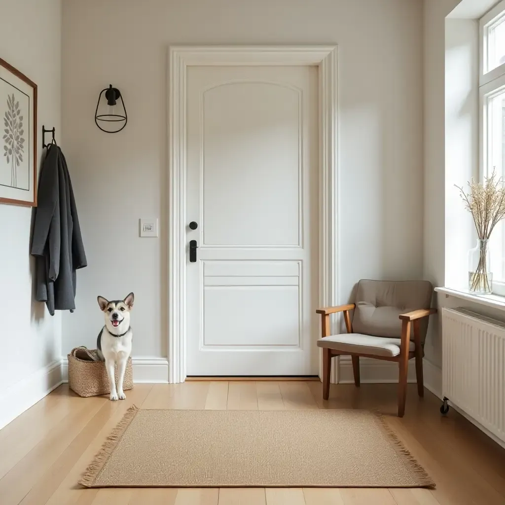 a photo of a wooden rug in a stylish entryway