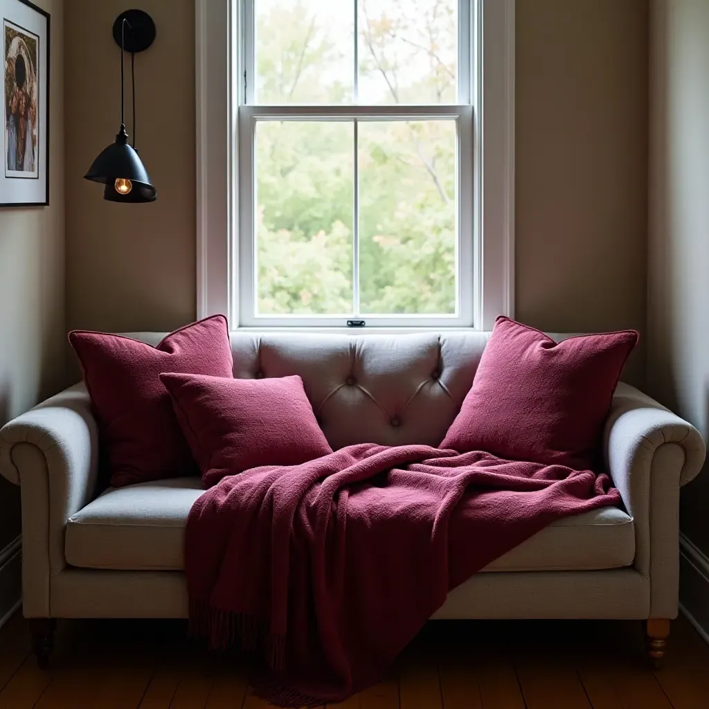 a photo of a cozy reading nook with burgundy throw blankets