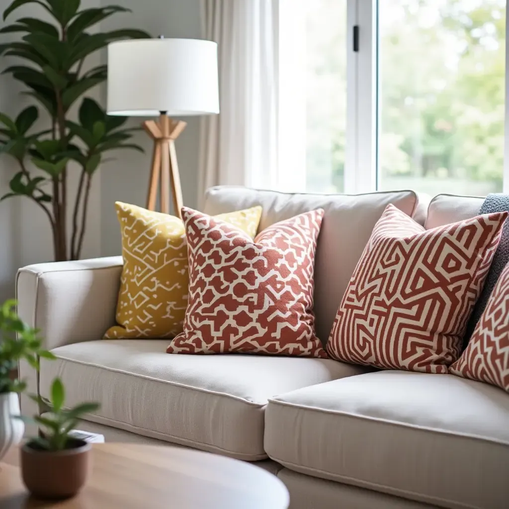 a photo of a living room featuring bold, patterned throw pillows on a neutral couch