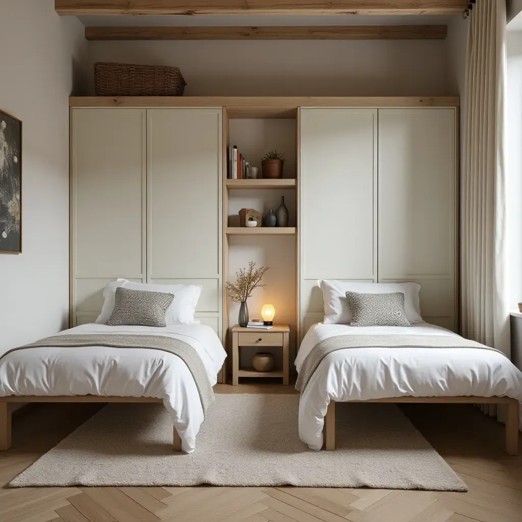 a photo of a shared bedroom with a rustic charm and space-saving furniture