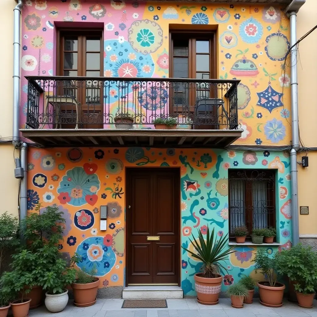 a photo of a balcony with artistic murals and creative decor