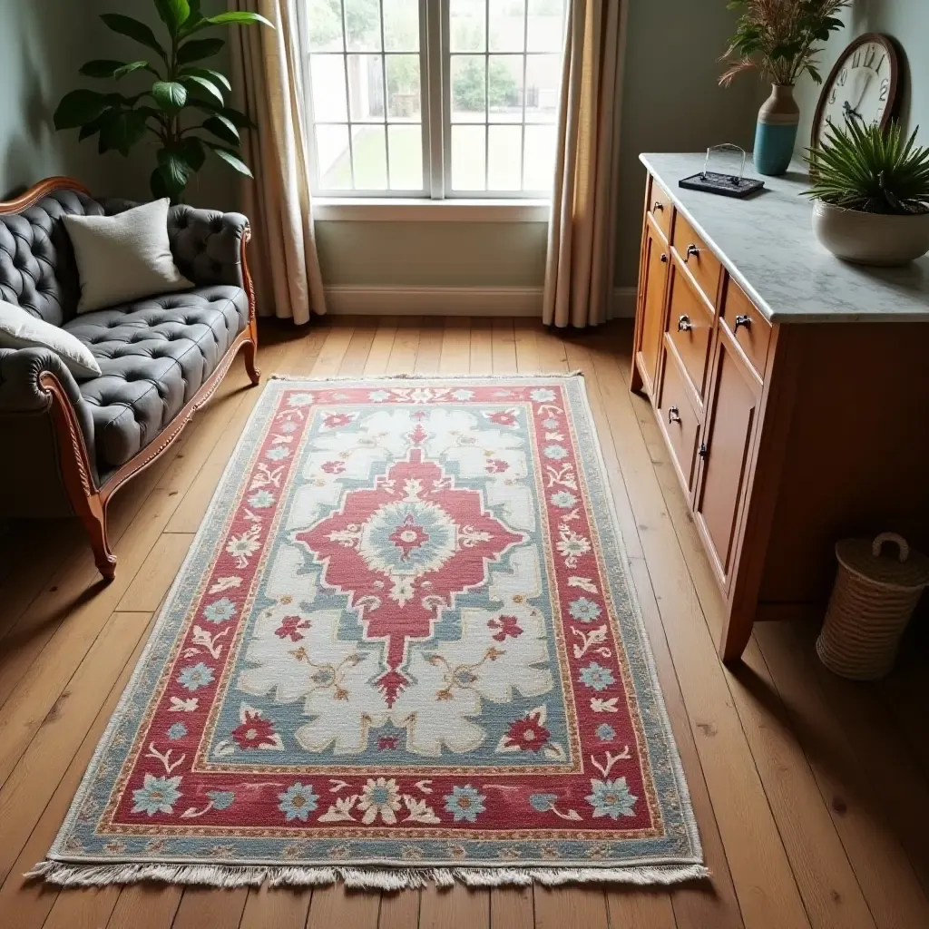 a photo of a vintage rug adding warmth to a wooden floor