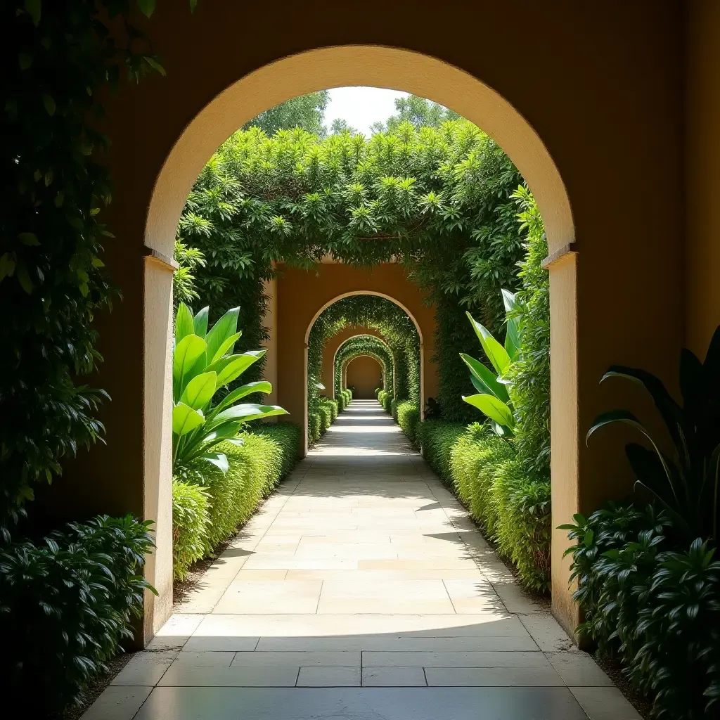 a photo of a corridor featuring a beautiful arch and lush greenery