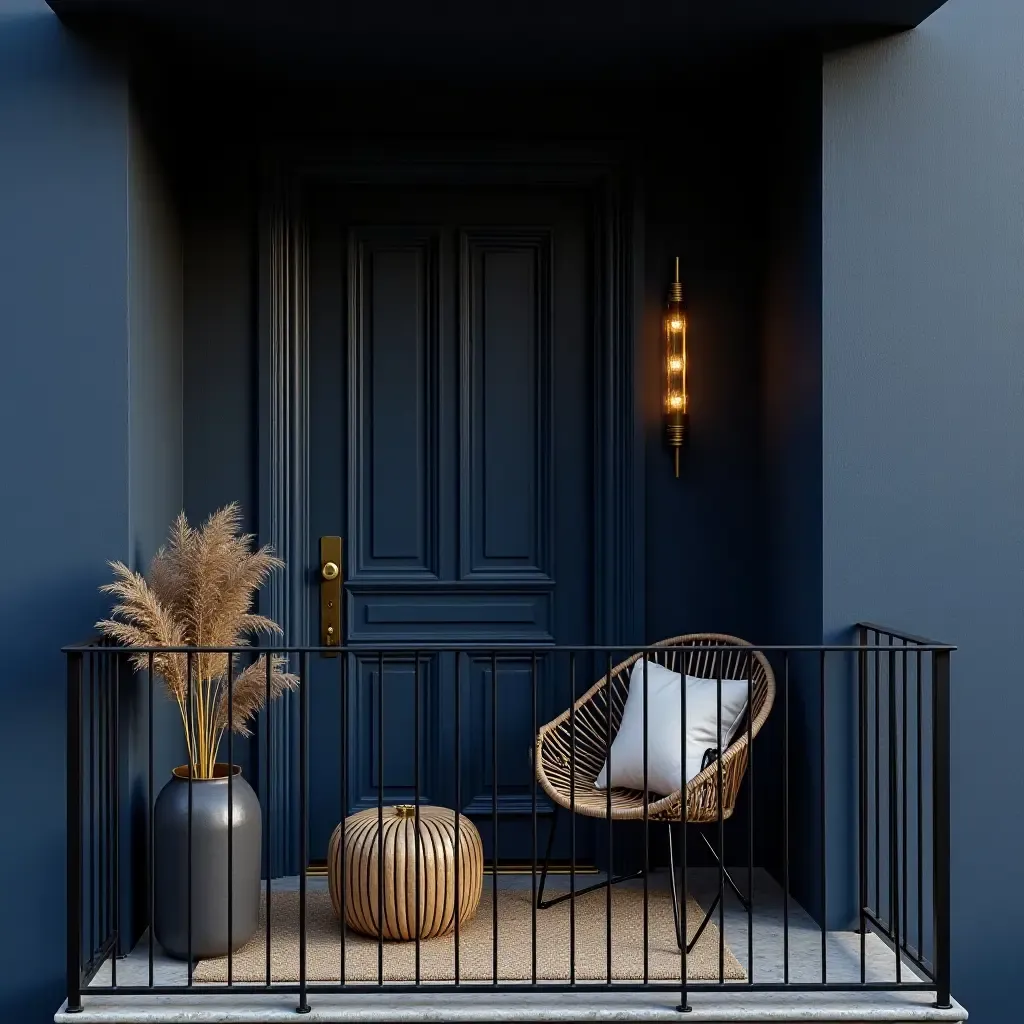 a photo of a balcony showcasing rich navy blue and gold decor elements