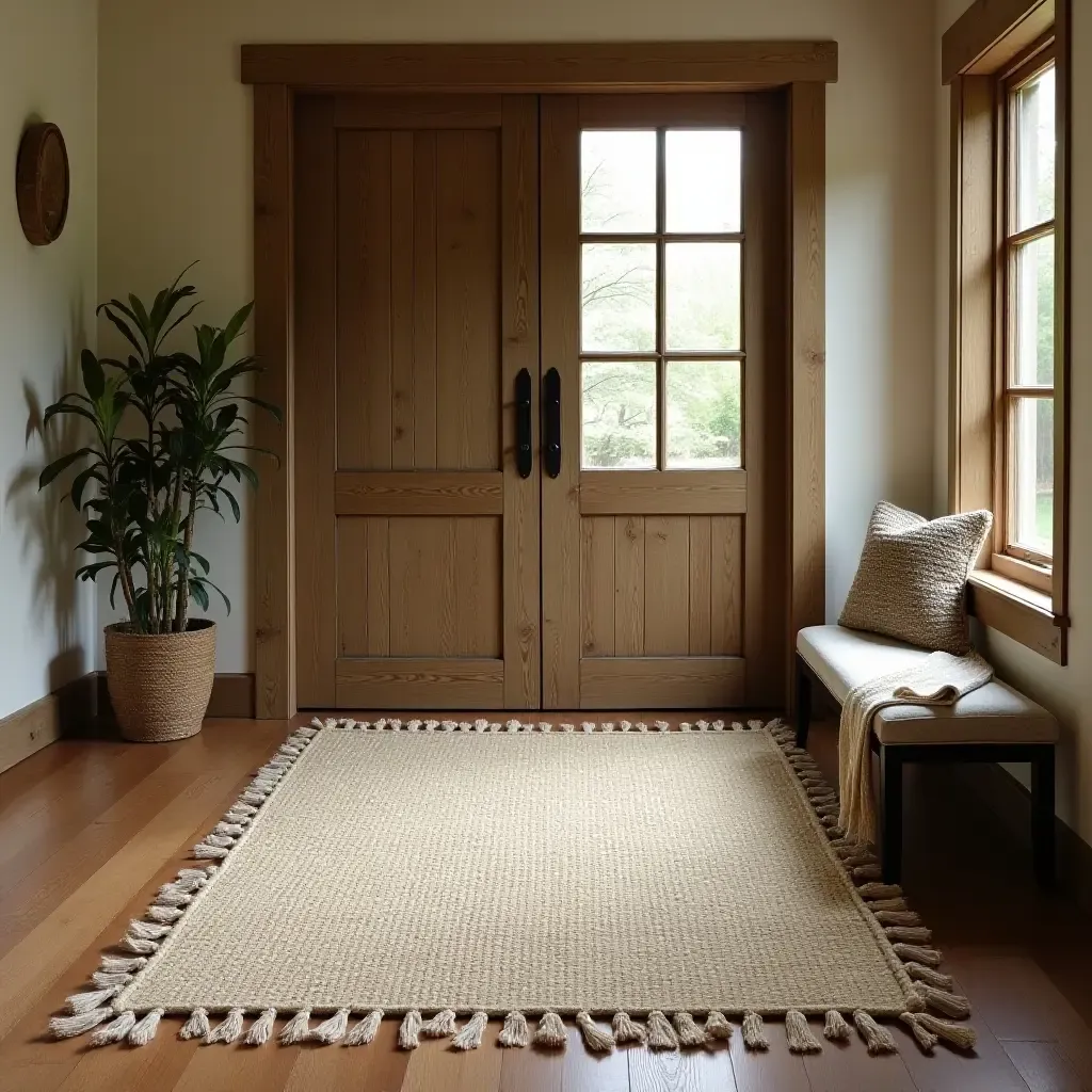 a photo of a handwoven rug with natural fibers in a rustic entryway