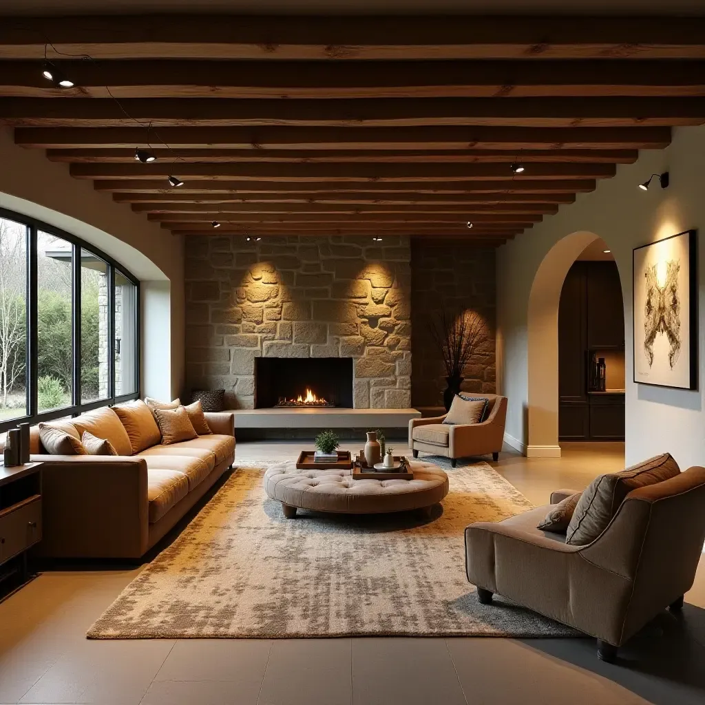 a photo of a rustic basement with exposed beams and cozy furnishings