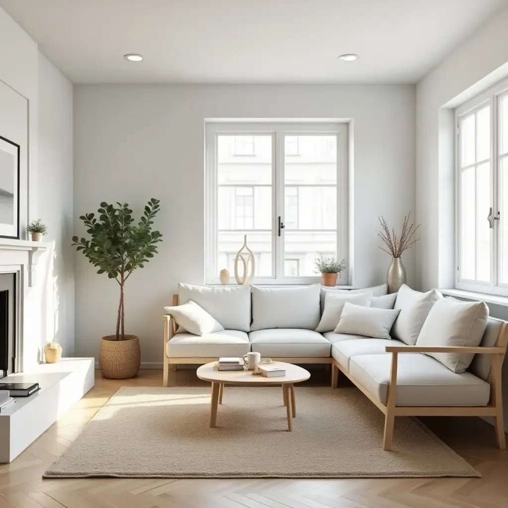 a photo of a Scandinavian living room with a blend of light wood and white furniture