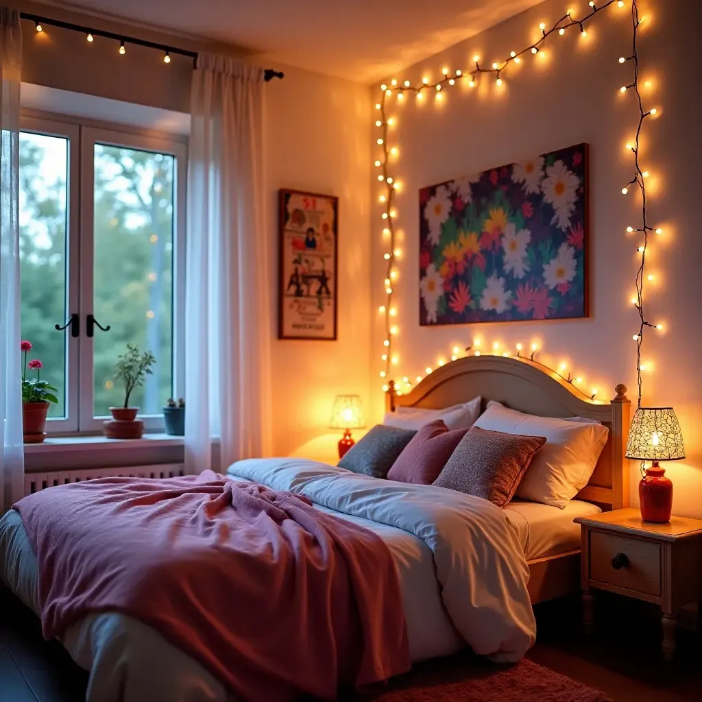 a photo of a whimsical bedroom with fairy lights and colorful wall art