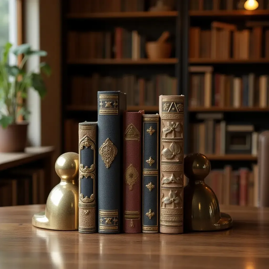 a photo of a cozy library with metallic bookends and gold accents