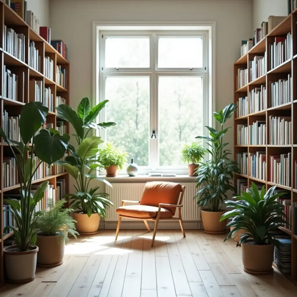 a photo of a bright, airy library with large plants and minimalistic decor