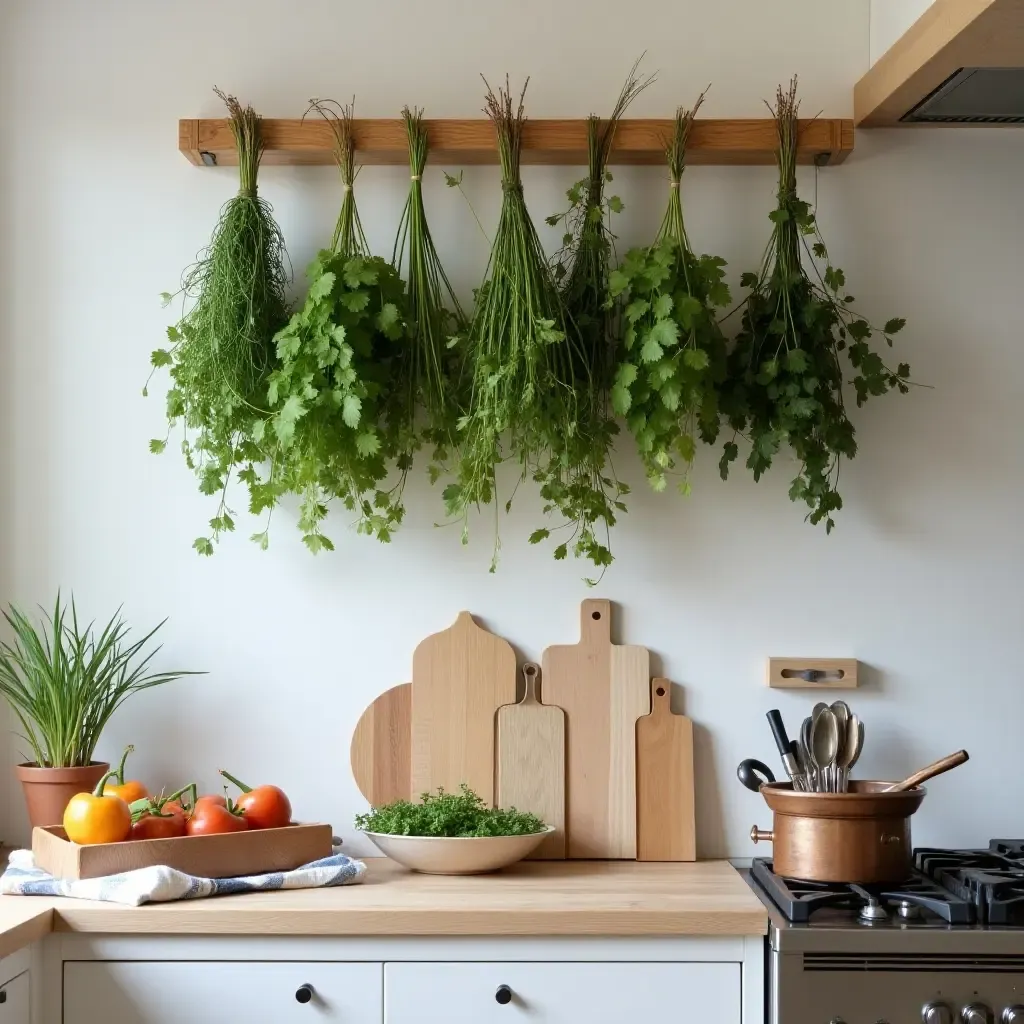 a photo of a kitchen with a Mediterranean herb drying rack