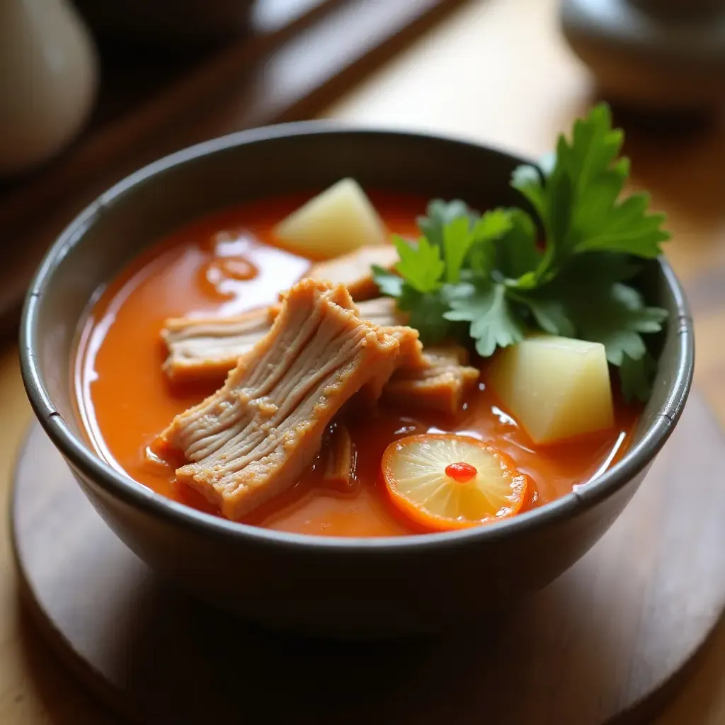 a photo of a cozy bowl of Tom Saap, spicy broth with pork ribs, lemongrass, and chili.