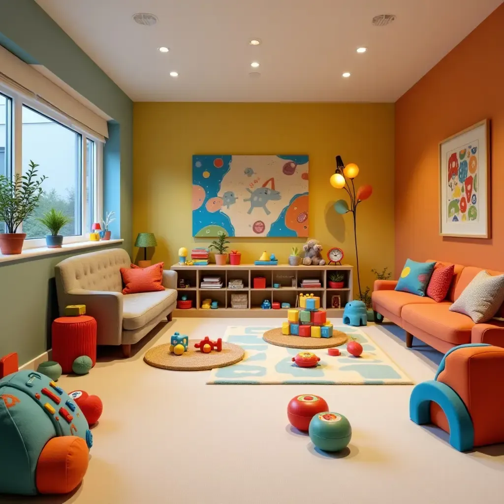 a photo of a colorful basement playroom with toys and interactive elements