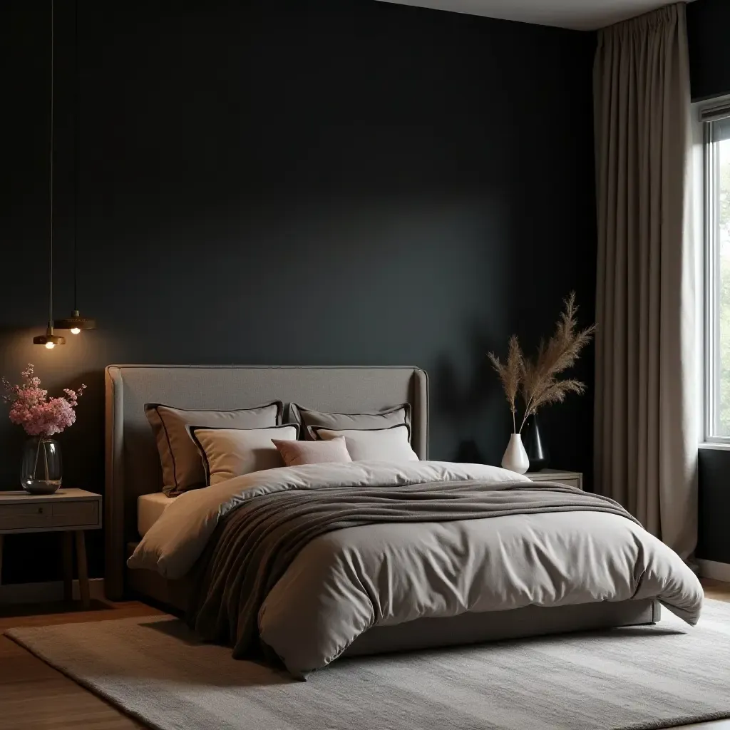 a photo of a bedroom with a dark color palette and soft textures