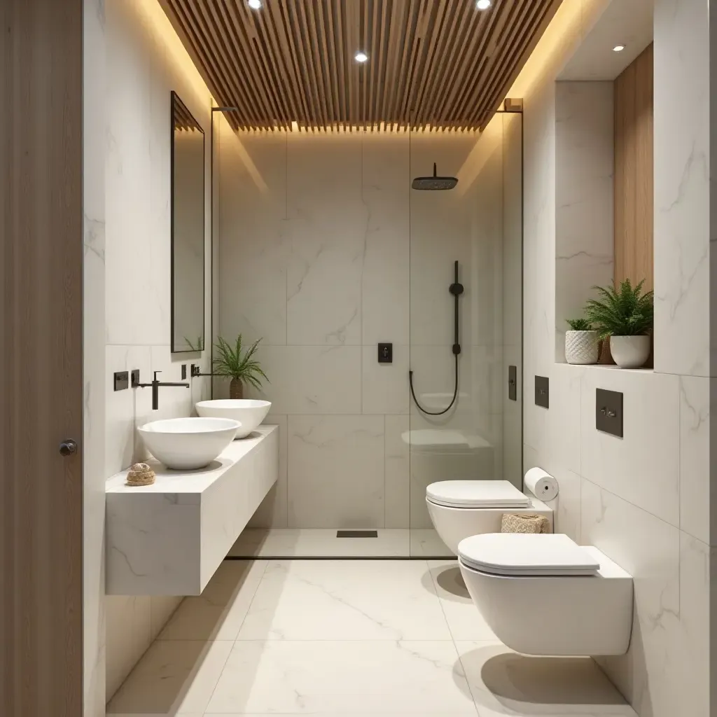 a photo of a small bathroom showcasing eco-friendly materials and fixtures