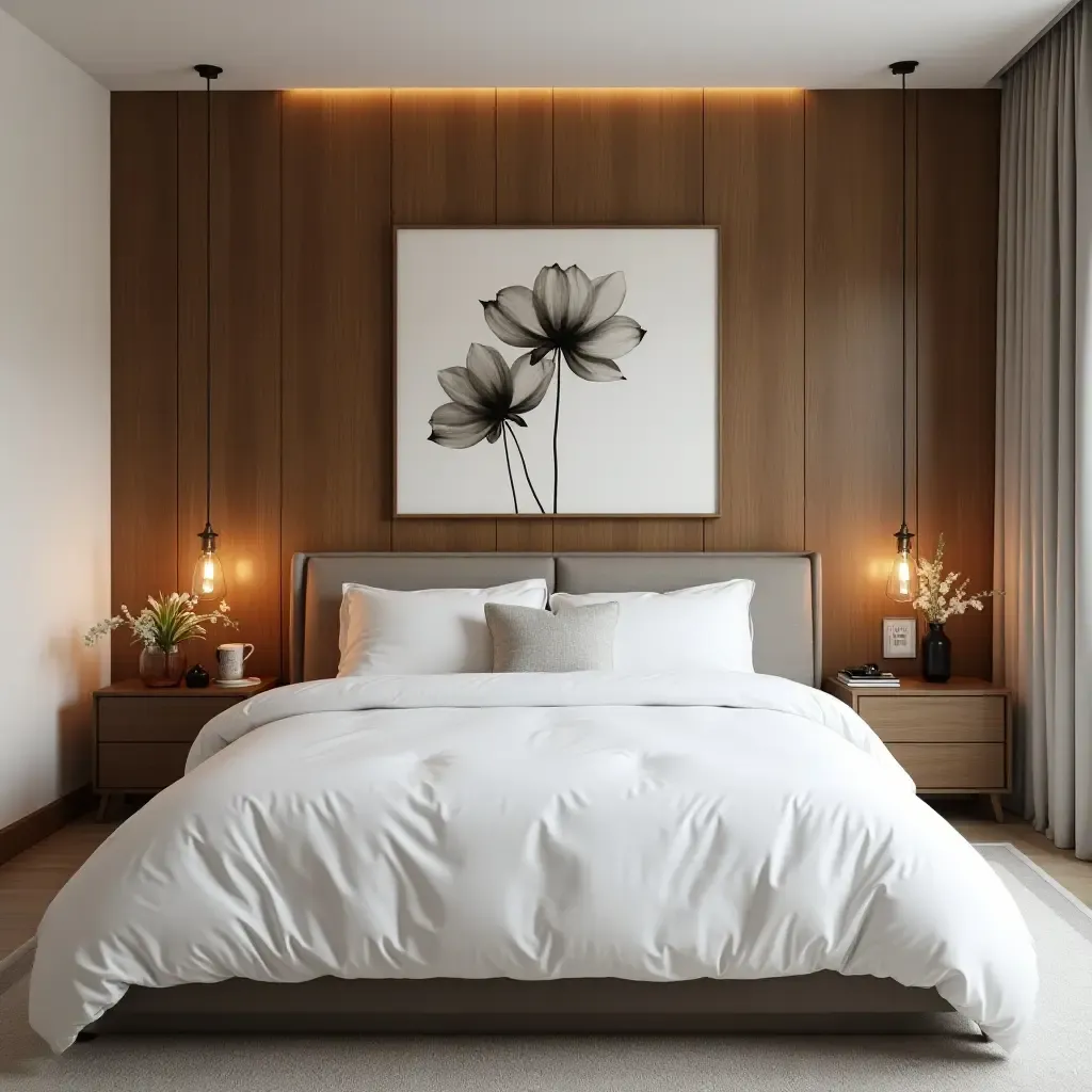 a photo of a bedroom featuring a wooden accent wall and artwork