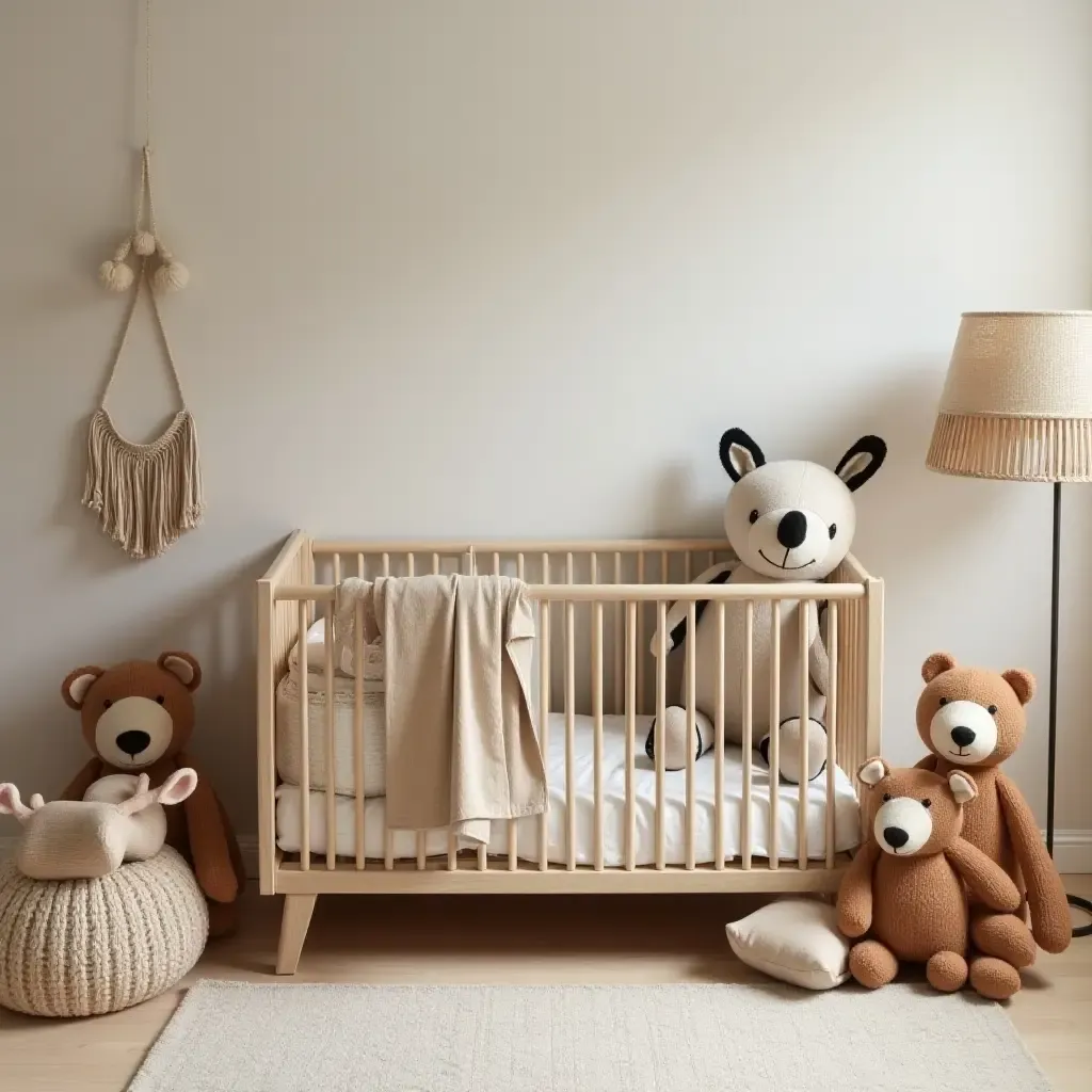 a photo of a nursery with playful stuffed animals inspired by Mediterranean wildlife