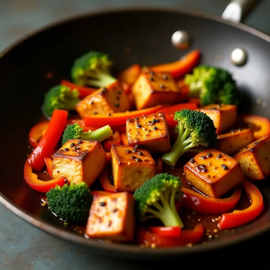 a photo of gochujang-spiced tofu stir-fry with colorful bell peppers and broccoli in a wok.