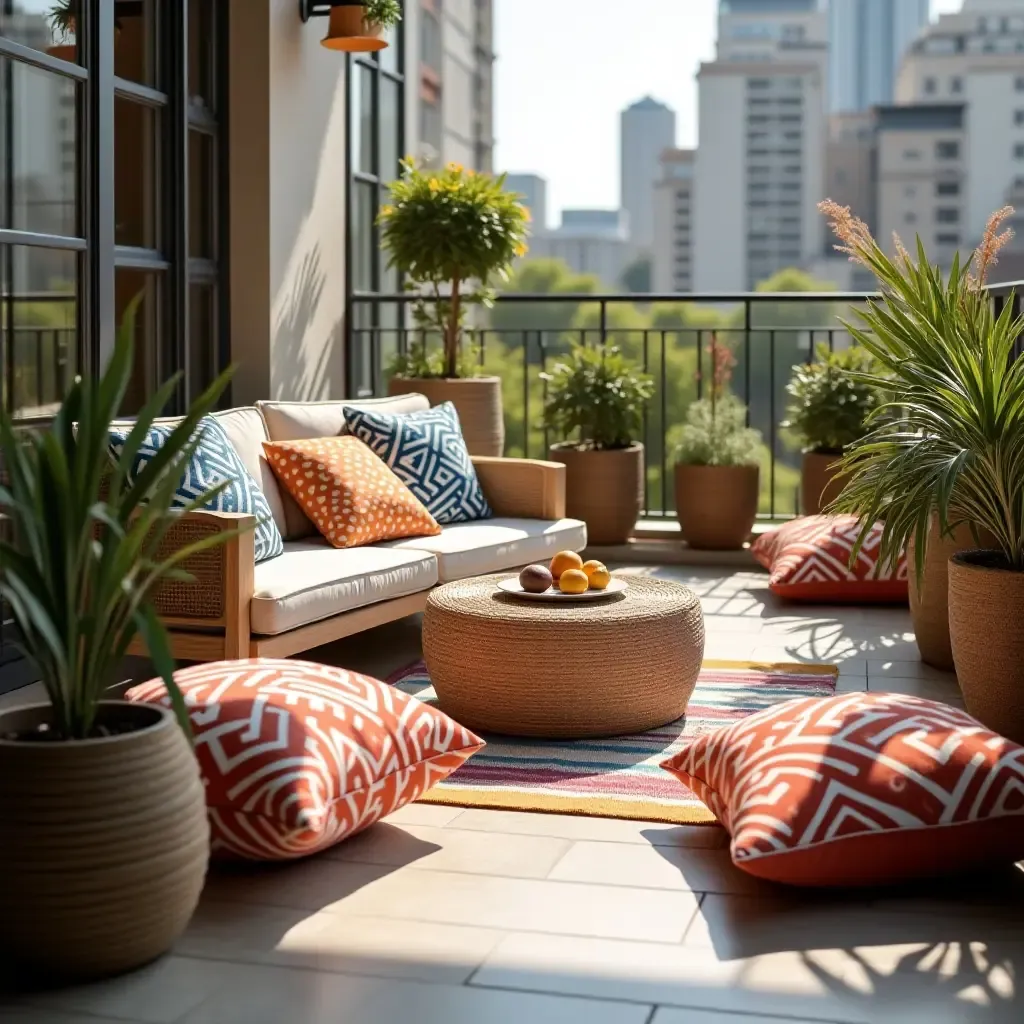 a photo of a balcony filled with colorful throw pillows in geometric designs