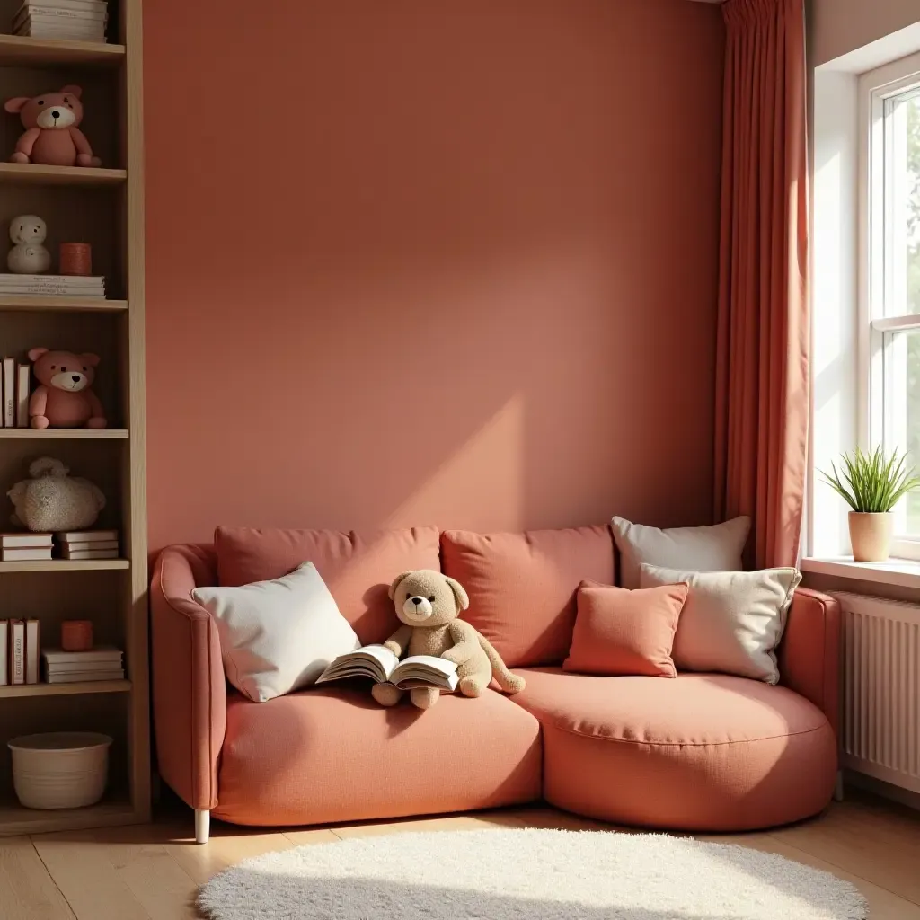 a photo of a cozy red and beige reading corner in a kids&#x27; room