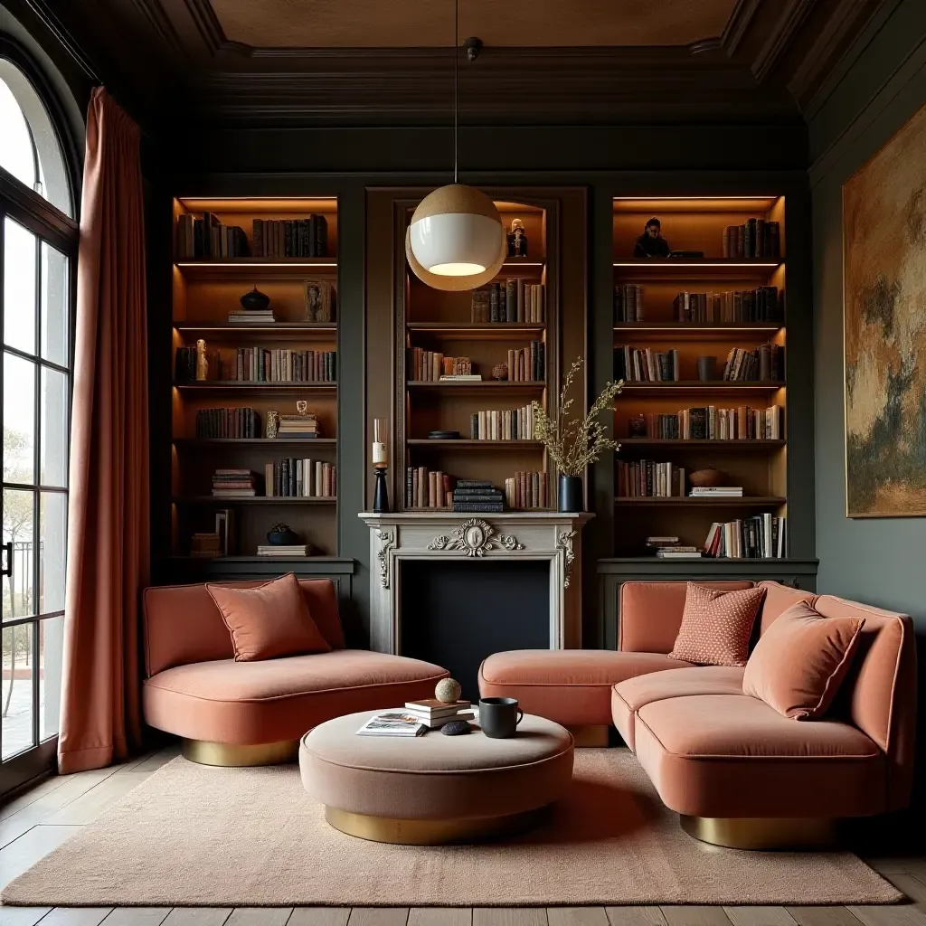 a photo of a cozy library with fabric, wood, and metal textures combined