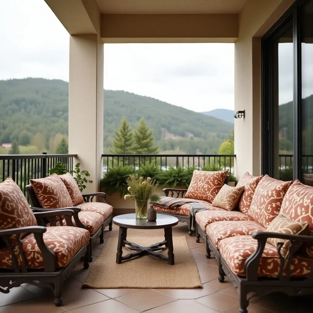 a photo of a balcony with patterned vintage cushions and a small coffee table