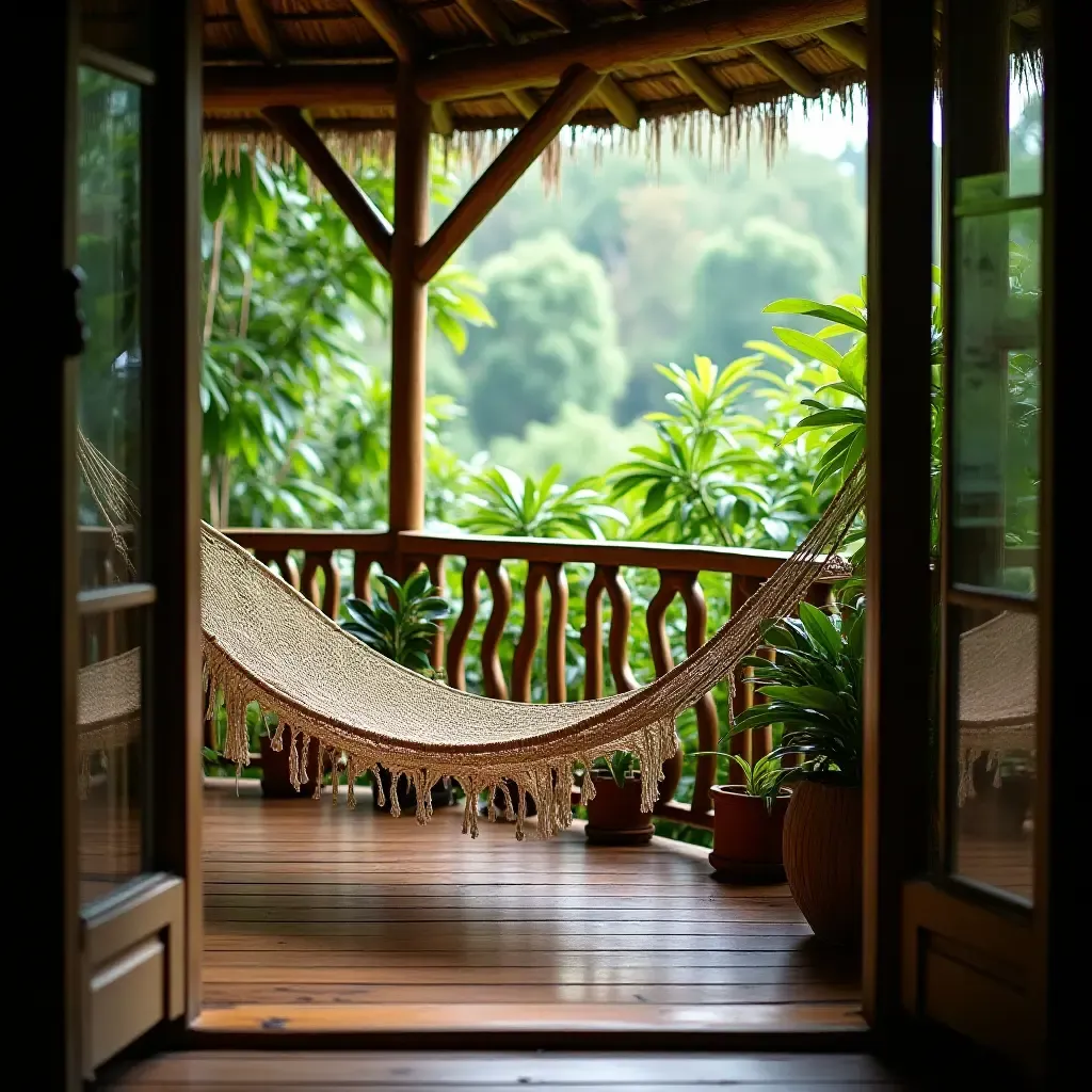 a photo of a balcony with a small hammock surrounded by lush greenery