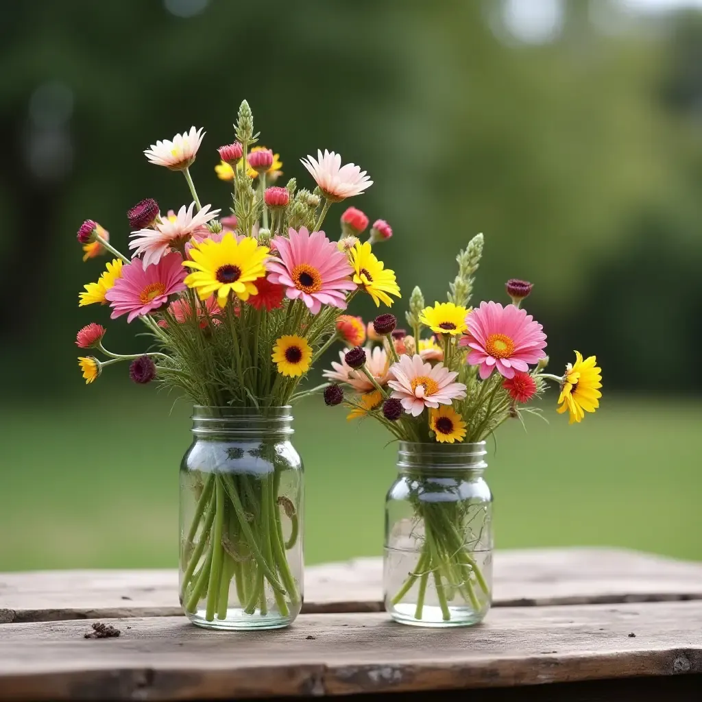 a photo of a rustic wooden table adorned with wildflowers in mason jars