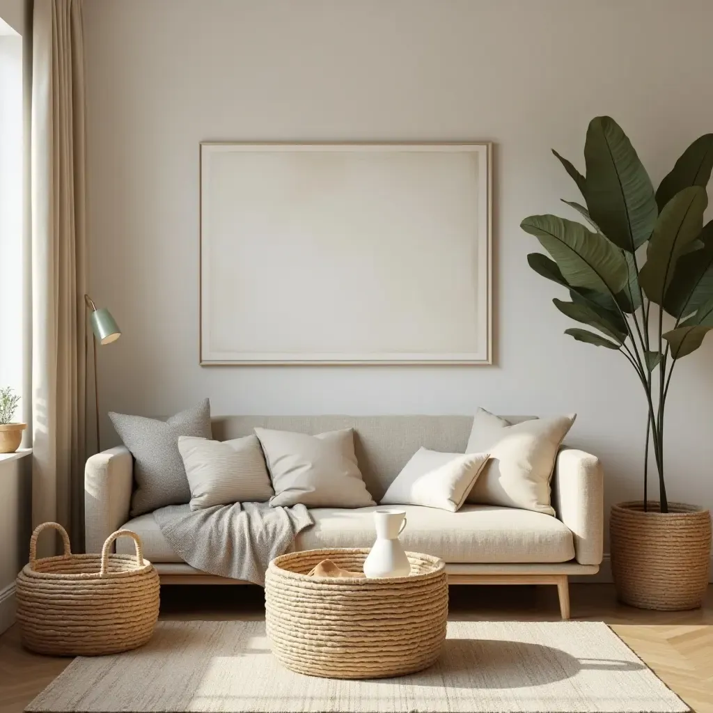 a photo of a living room featuring earthy tones and woven baskets for storage