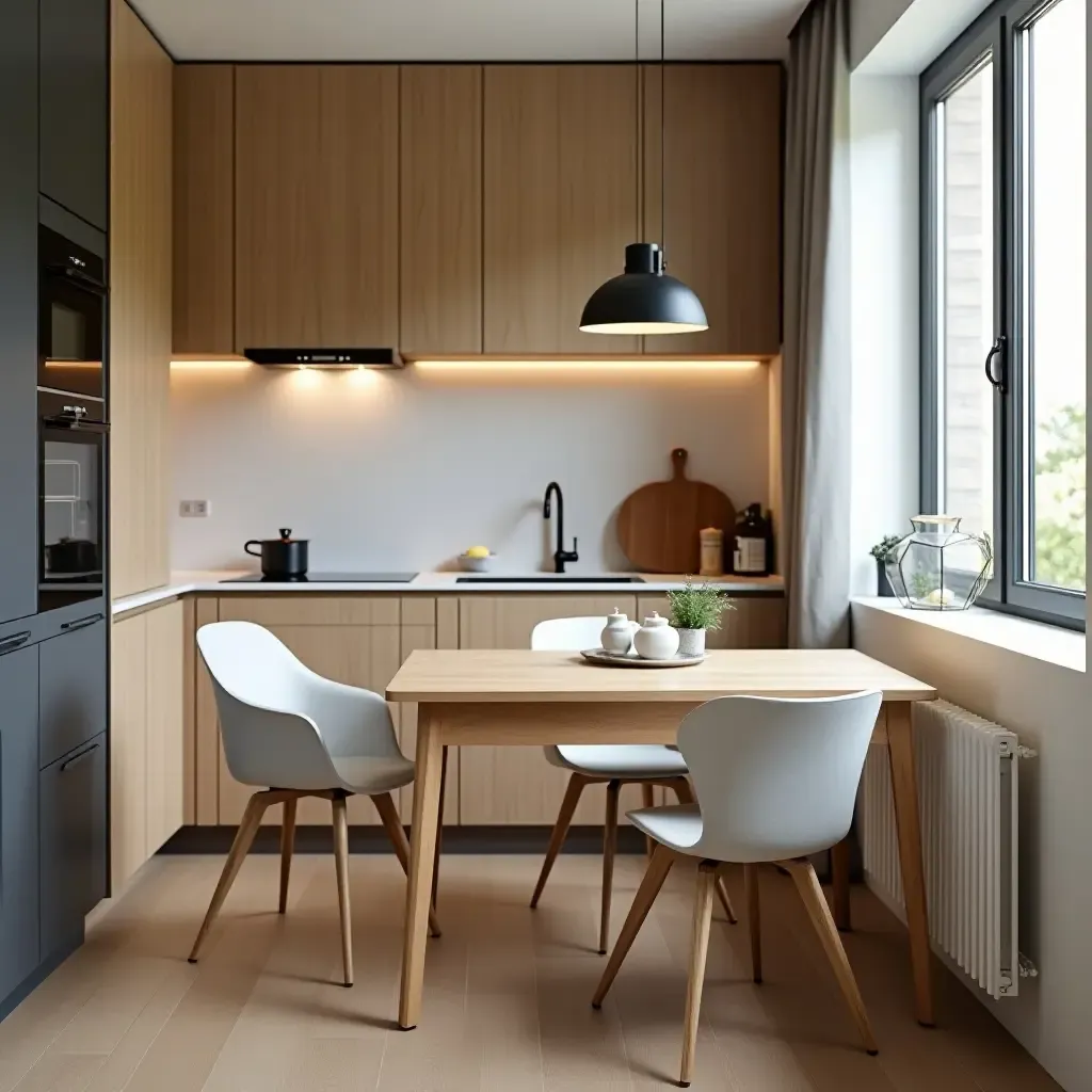 a photo of a small kitchen featuring a foldable dining table and modern chairs