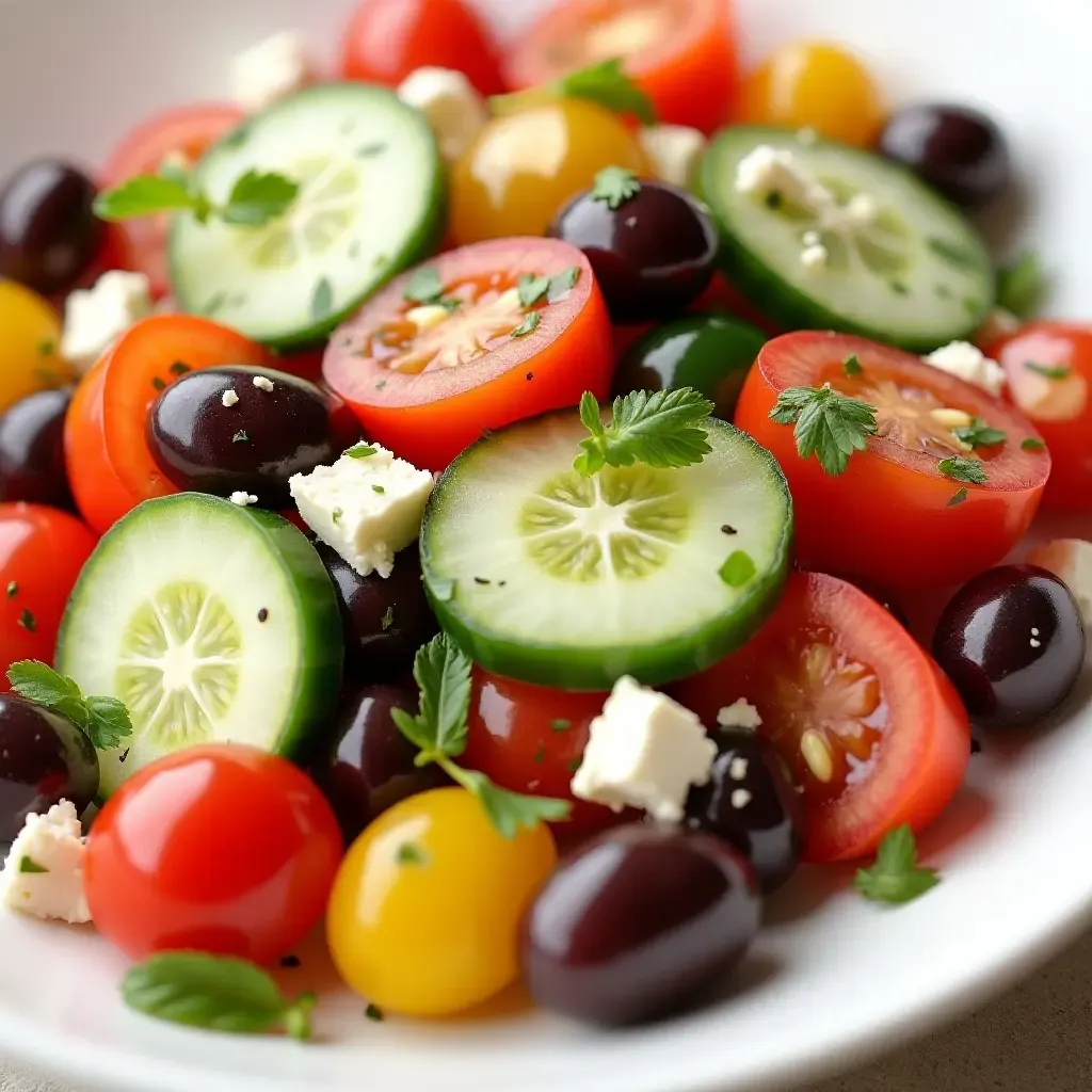 a photo of a colorful Greek salad with tomatoes, cucumbers, olives, and feta cheese.