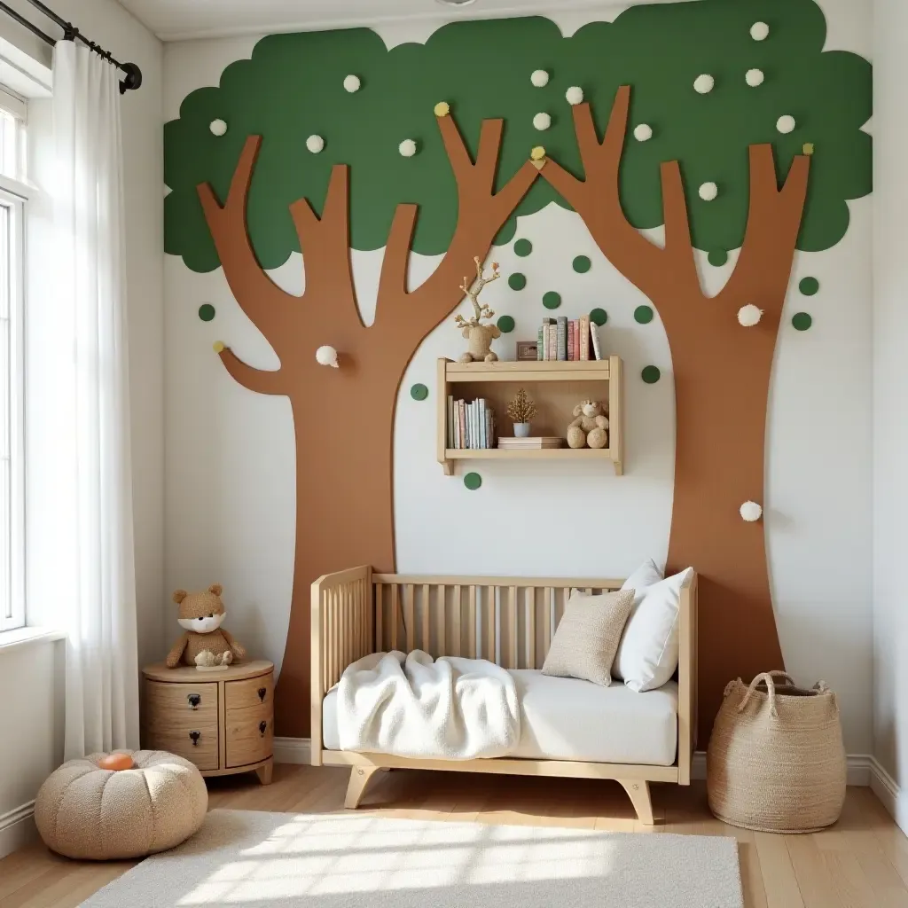 a photo of a nursery corner with a whimsical treehouse reading nook