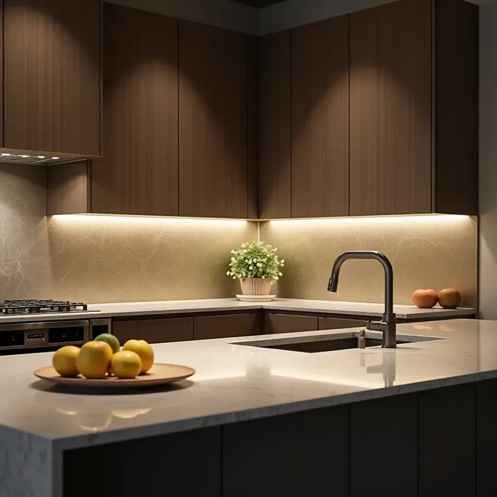 a photo of a sophisticated metallic backsplash reflecting light in a luxurious kitchen