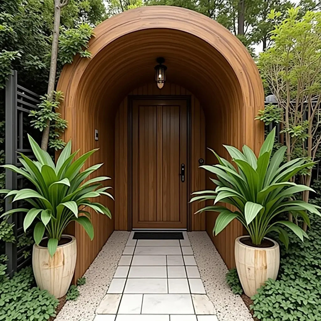 a photo of a wooden entryway archway with plants