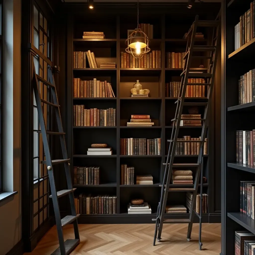 a photo of a library featuring a metal ladder and rustic lighting fixtures