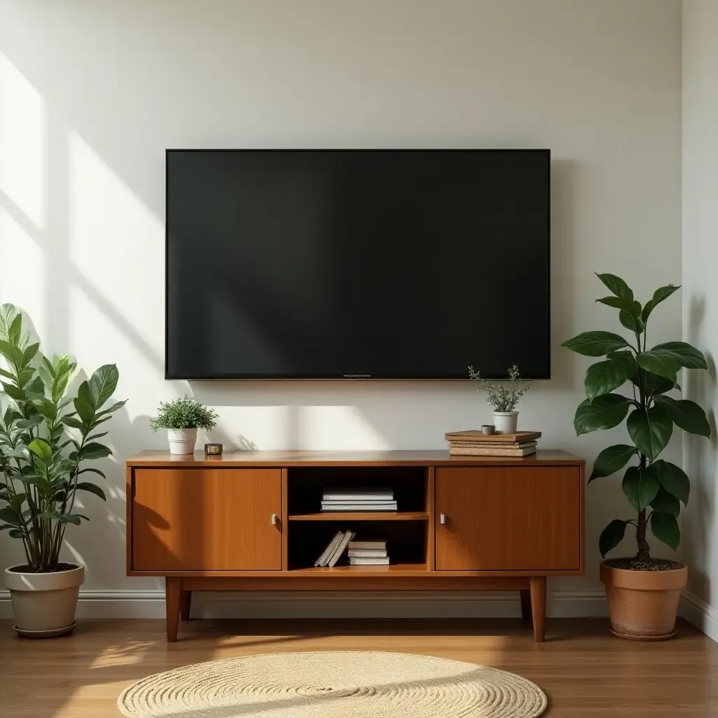 a photo of a vintage TV stand in a corner with plants