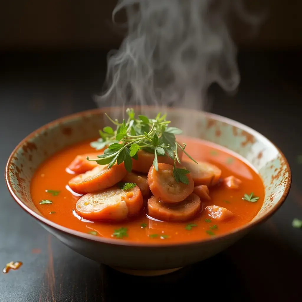 a photo of a steaming bowl of bun rieu with crab and tomato broth, garnished with herbs.