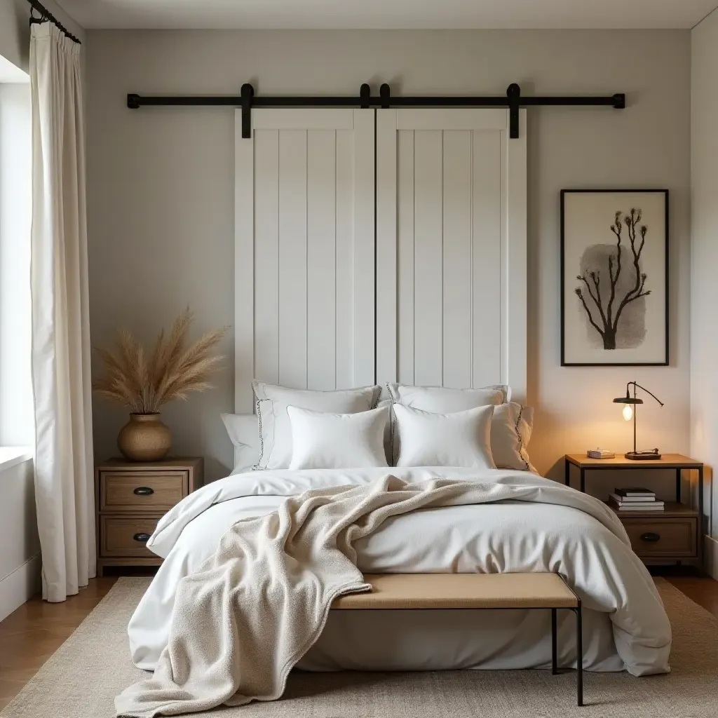 a photo of a chic bedroom featuring a barn door and cozy textiles