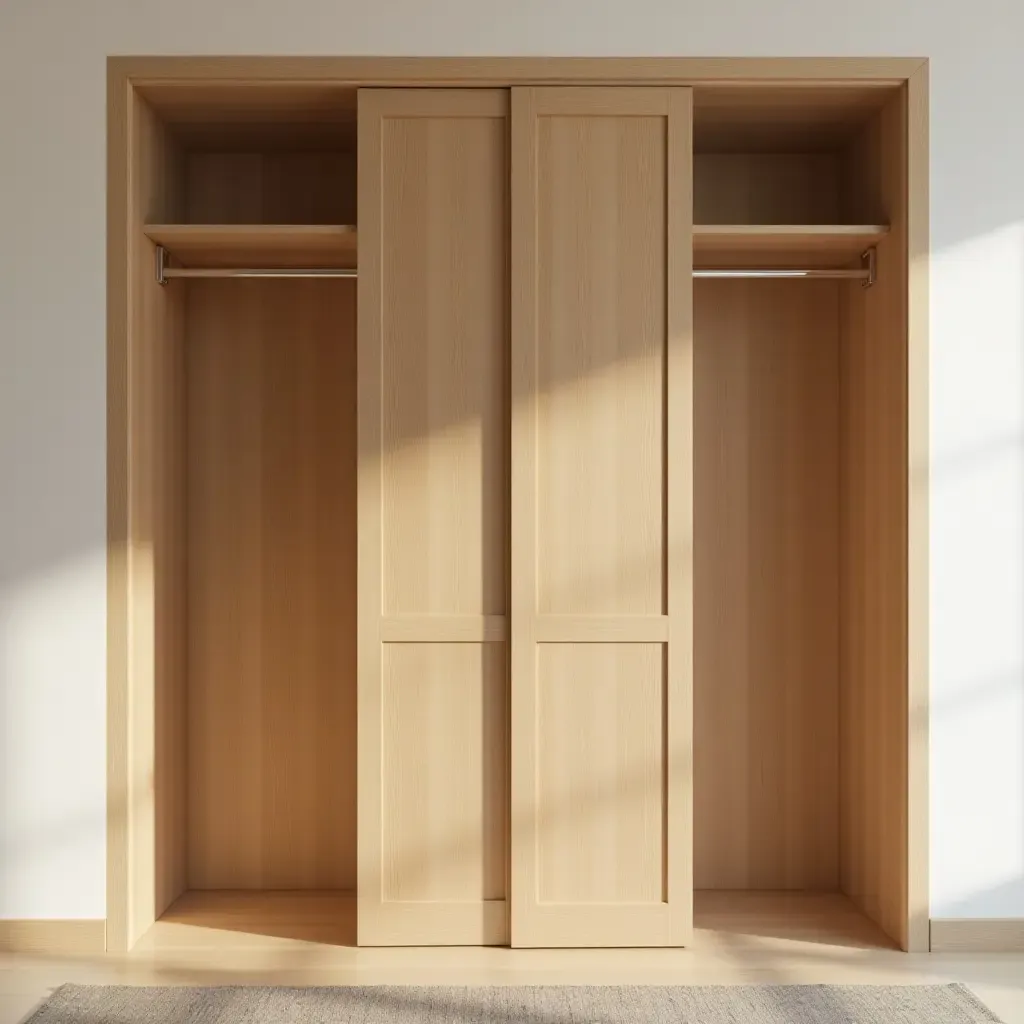 a photo of a wooden coat closet with sliding doors